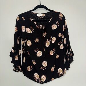 Everly Black Floral Swiss Dot Blouse Ruffle Sleeve Tie Neck Boho Top Medium